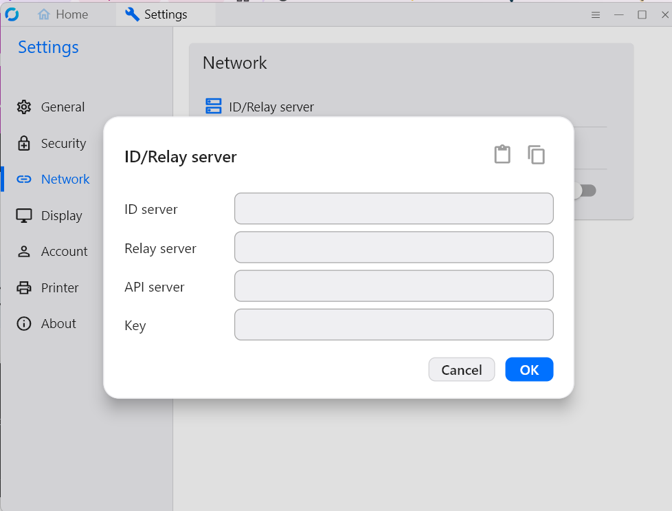 RustDesk Settings → Network dialog