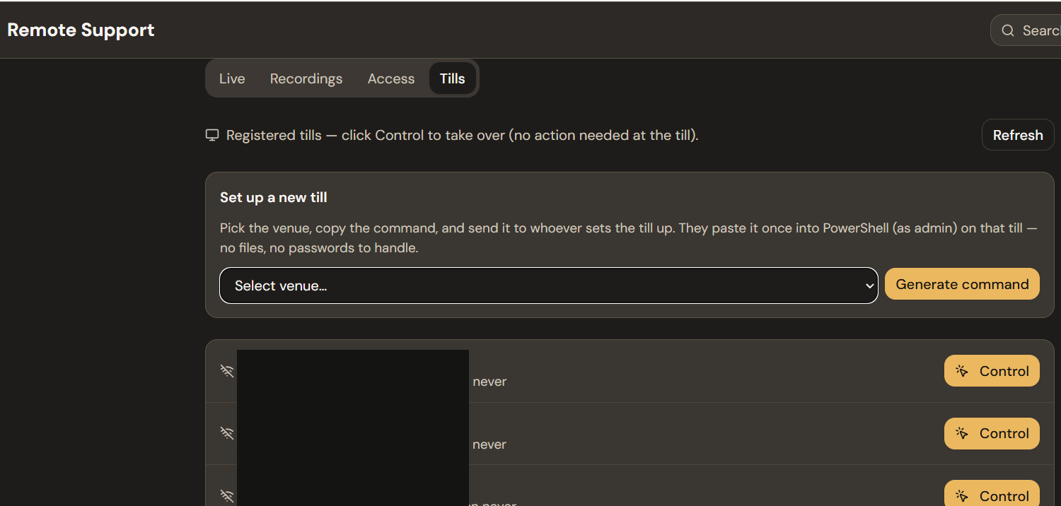 HQ Remote Support Tills tab